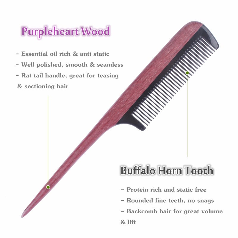 Breezelike Hair Combs - Fine Tooth Wooden Tail Comb - No Static Purpleheart Wood Comb with Black Buffalo Horn Teeth - Image 3